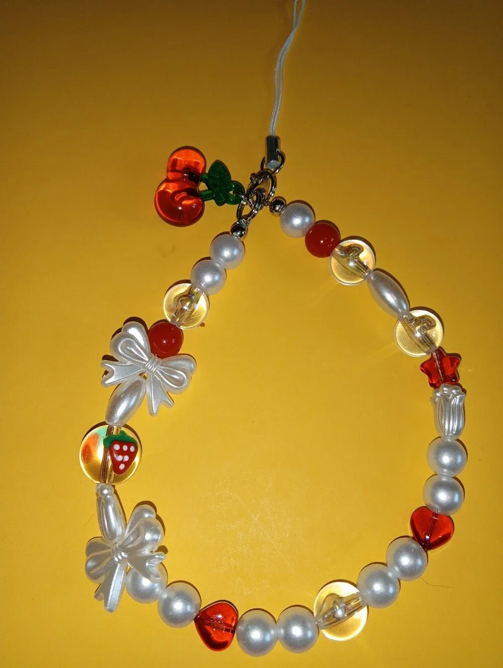 Cherry & Bow & Resin Pearls Beaded Phone Charm, Lanyard Chain